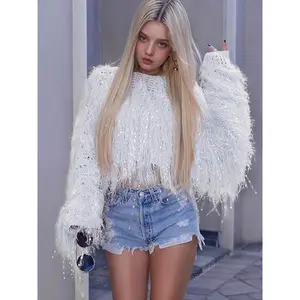 Women's Pink Tassel Trim Drop Shoulder Crop Sweater, Chic Fashion Casual Long Sleeve Boat Neck Jumper for Fall & Winter, Knitwear for Daily Wear Tops stylish hollow loose knit trendy open front mid-length versatile pullover lace curve woman fit knitwear