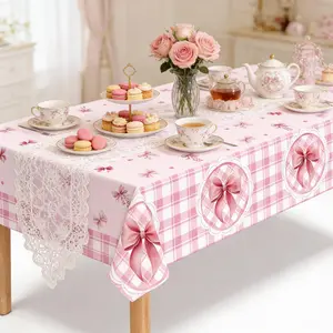 2PCS Foil Balloon Pink Bow Tablecloth Cute Bow Knot Fabric Table Cloth Washable Table Cover for Girl Bachelorette Bridal Engagement Bab Shower Coquette Cute Tableware（137*274cm）