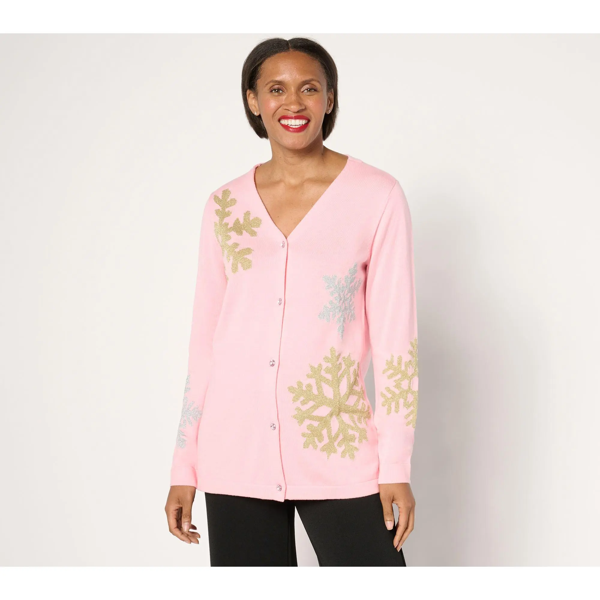 Quacker Factory Snow Day V-Neck Intarsia Sweater Cardigan
