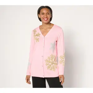 Quacker Factory Snow Day V-Neck Intarsia Sweater Cardigan