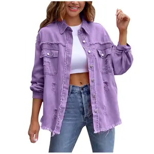 LOTUCY Women's Plain Button Front Ripped Denim Jacket Loose Fit Collared Long Sleeve Hipster Style Casual Coats Comfortable Cotton Fabric