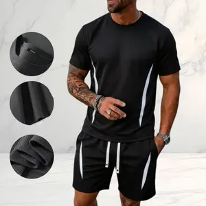 Men’s summer waffle athletic casual set, short-sleeve crewneck top and drawstring elastic-waist shorts (two-piece). Versatile men’s outfit for running, fitness, shopping, and home wear.