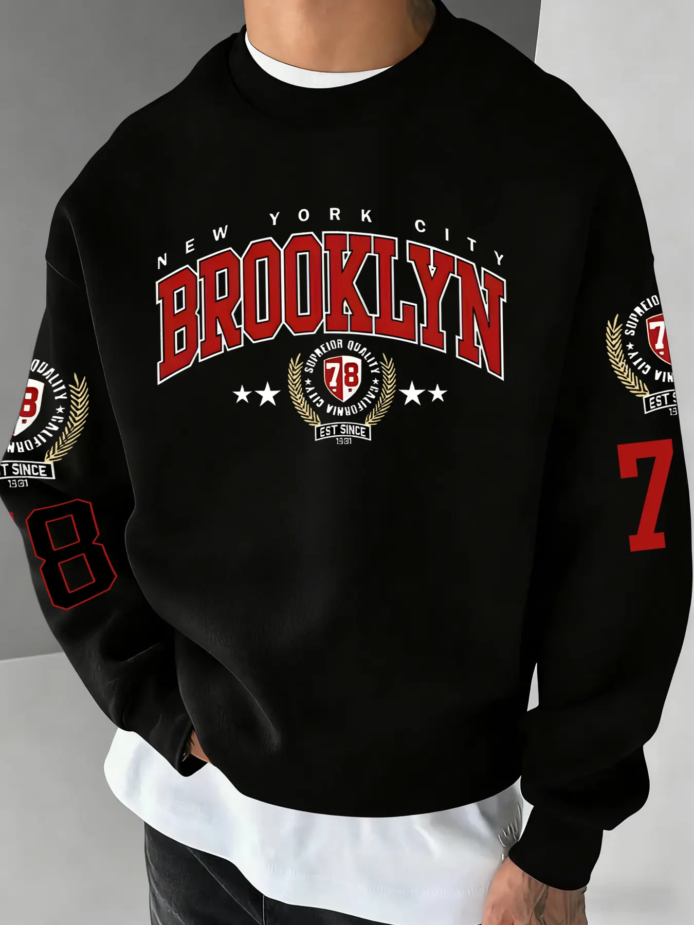 American Retro Style New York Brooklyn 78 Theme Streetwear Graphic Long Sleeve Pullover Sweatshirt, Classic Loose Fit Comfortable Casual Letter Design, Man