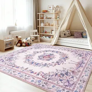 Washable Area Rugs For Living Room, Soft Low Pile Butterfly Insect Floral Printed Rug, Ultra-Thin Stain Resistant Large Indoor Carpet For Bedroom Office Dining Room, Non-Slip Easy Care
