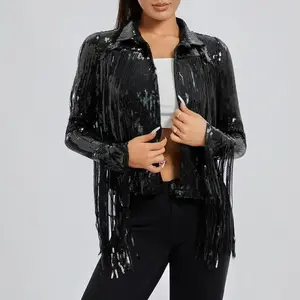 Women's Sequin Party Jackets Sparkly Long Sleeve Open Front Tassel Jackets Blazers Clubwear, Ladies Clothes for Indoor Outdoor Wear, Ladies Clothes for Daily Wear