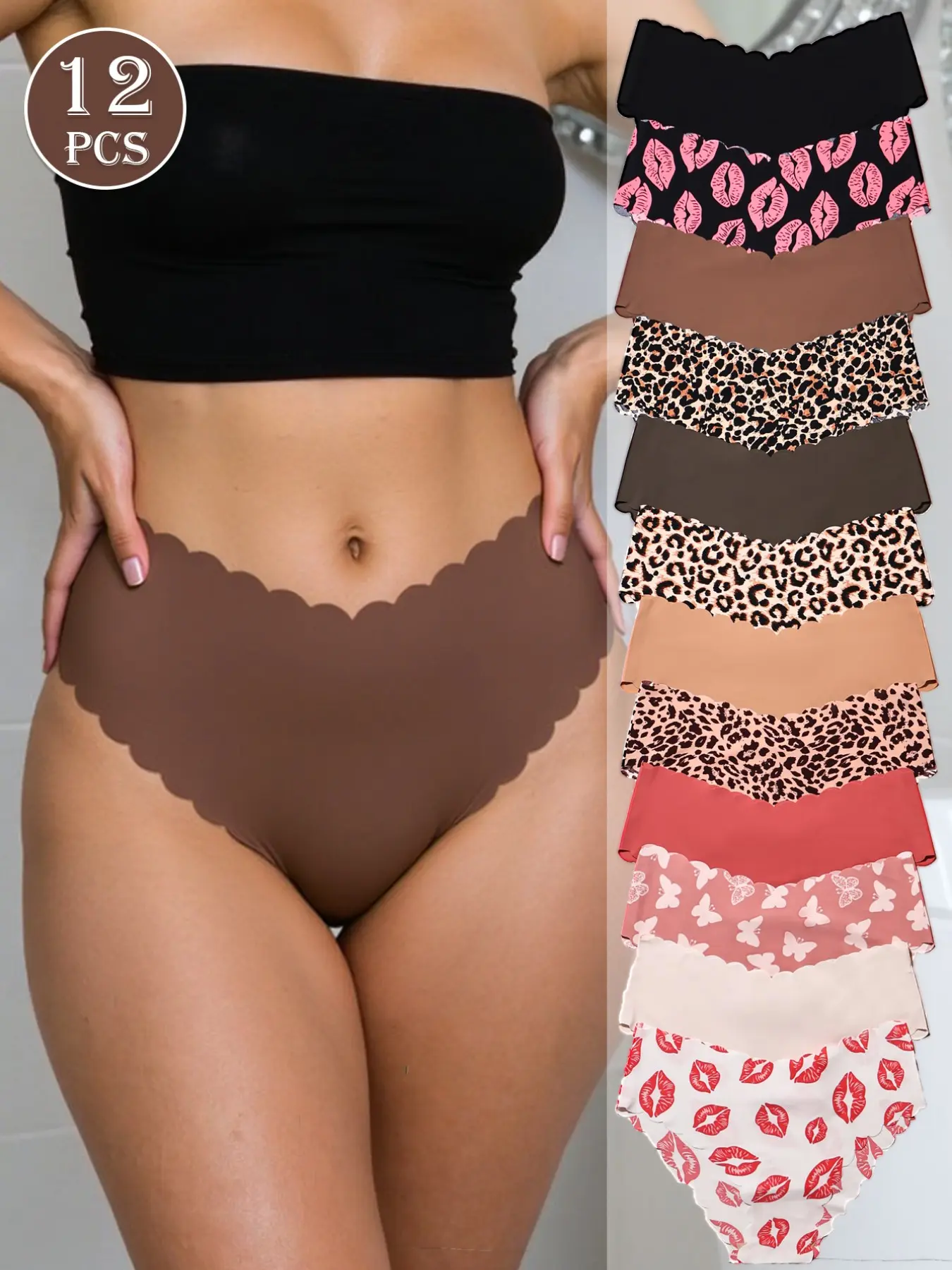 12 Pack Women's Seamless No Show Feminine Lingerie Panties - 4 Styles (Solid/Leopard/Lip/Butterfly Print) Quick-Dry Nylon Spandex Scalloped Edge Yoga Fitness Dance Underwear with 4-Way Stretch