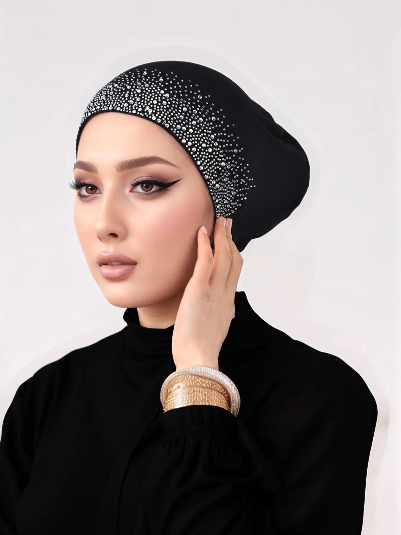 Women's Solid Color Rhinestone Decor Instant Hijab, Modest Chic Casual Breathable Sweat-absorbent Hijab, Fashionable Muslim Clothing for Women