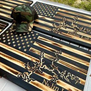 Custom Engraved Pine Wood American Flag with Lake of Choice and Name