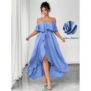 Plus Size Satin Off-Shoulder Pleated High-Waisted Long Dress — Elegant Style for Ladies, Perfect for Parties, Holidays, and Weddings; Soft Summer Beach Dress Made from Smooth Polyester