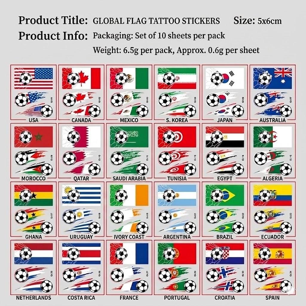 10-Pack Soccer Fan Temporary Tattoos for USA Host City Tournament - Brazil Mexico Argentina Germany Italy National Flags - Football Body Art for All Supporters Adults & Kids