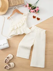 Girls' Asymmetrical Strap Long Pants Set, Ruffled Irregular Top Wide Leg Pants Two-Piece, Elegant Fashion for Outdoor Wear