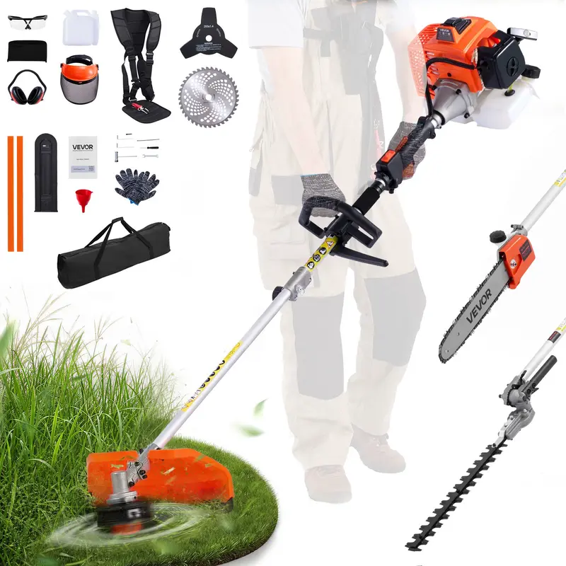 【toolupgrade】VEVOR 63cc 2-Cycle Gas Power 5-in-1 Handheld Tool Set - Gas Hedge Trimmer, String Trimmer, 3T/40T Brush Cutter, Rust-Resist Aluminum Pole Saw, Cordless Weed Eater with Rubber Grip & Protective Gear for Branches/Vines
