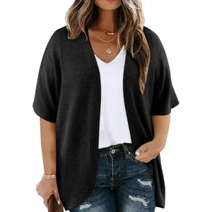 Womens Plus Size Cardigan Casual Short Sleeve Waffle Knit Kimono Open Front Tops(1X-5X)