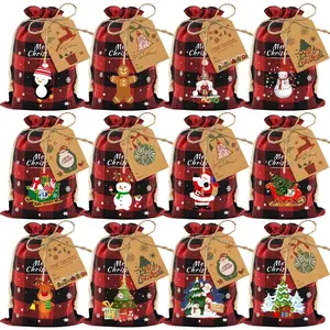 36 count  Medium Christmas Drawstring Candy  Bags Buffalo  Xmas Xmas Christmas Fabric   Sacks   Wrapping Bags Holiday Party Favors - Red/Black