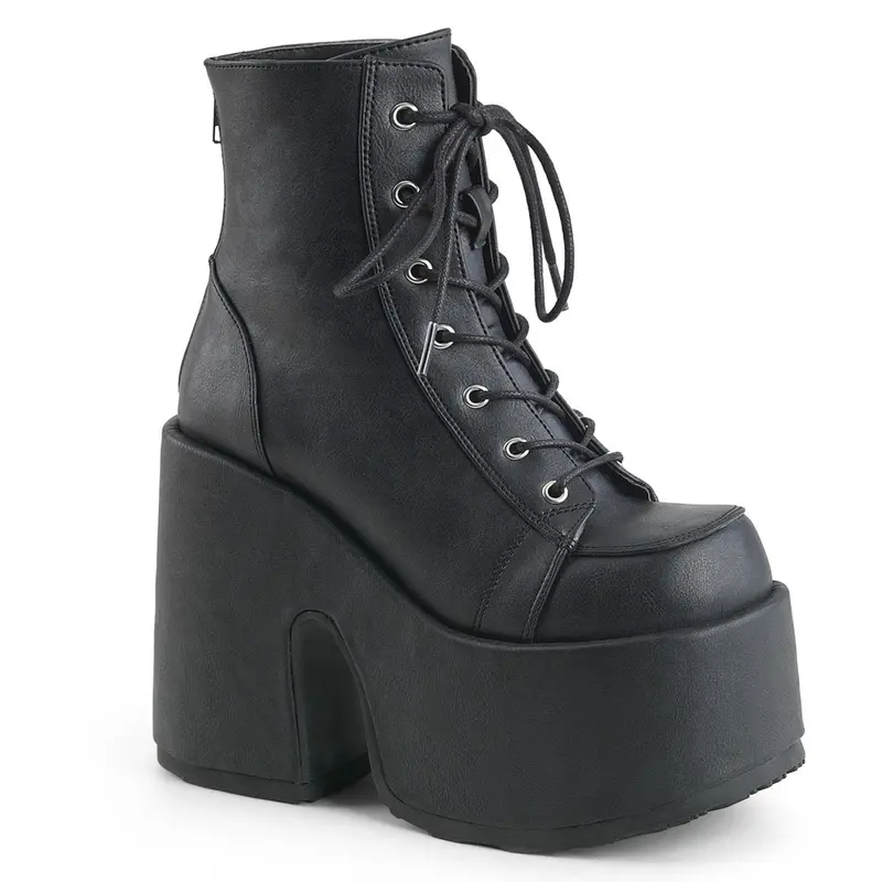 Demonia Women's Black Vegan Leather Camel-203 Chunky Platform Ankle Boots - 5" Heel, Metal Back Zip, Lace-Up, Quick On, Edgy Lift Footwear, Comfortable Shoes for Women