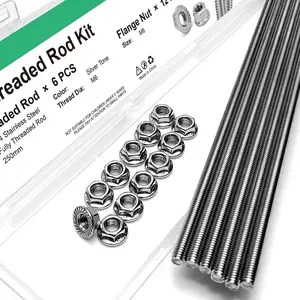 M6-1.0x250mm Fully Threaded Rod Studs, 304 Stainless Steel Long Threaded Screw Right Hand Threads, 6 Pack