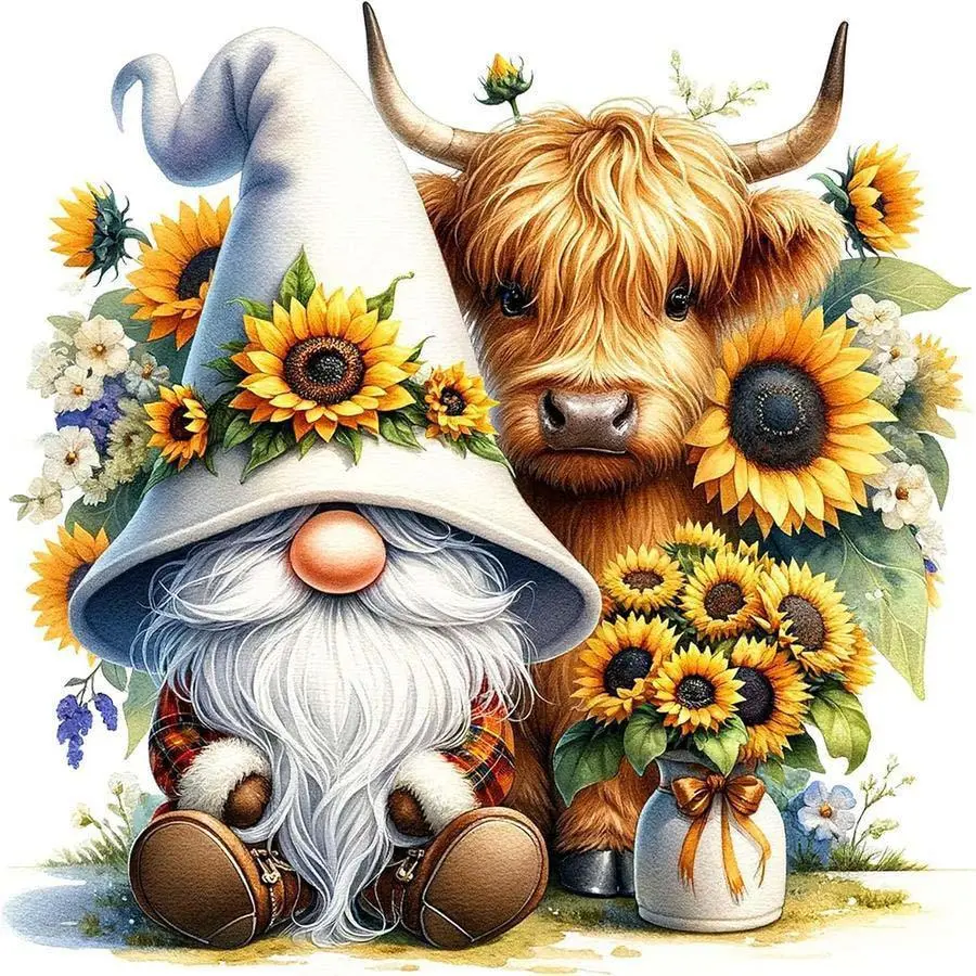 5D DIY Diamond Art Painting Kit, Handicraft, Gnome, Cow, Sunflower Design, Mosaic Canvas Art, Home Wall Decor, Handmade Gifts, Perfect Gift for Birthday, Anniversary