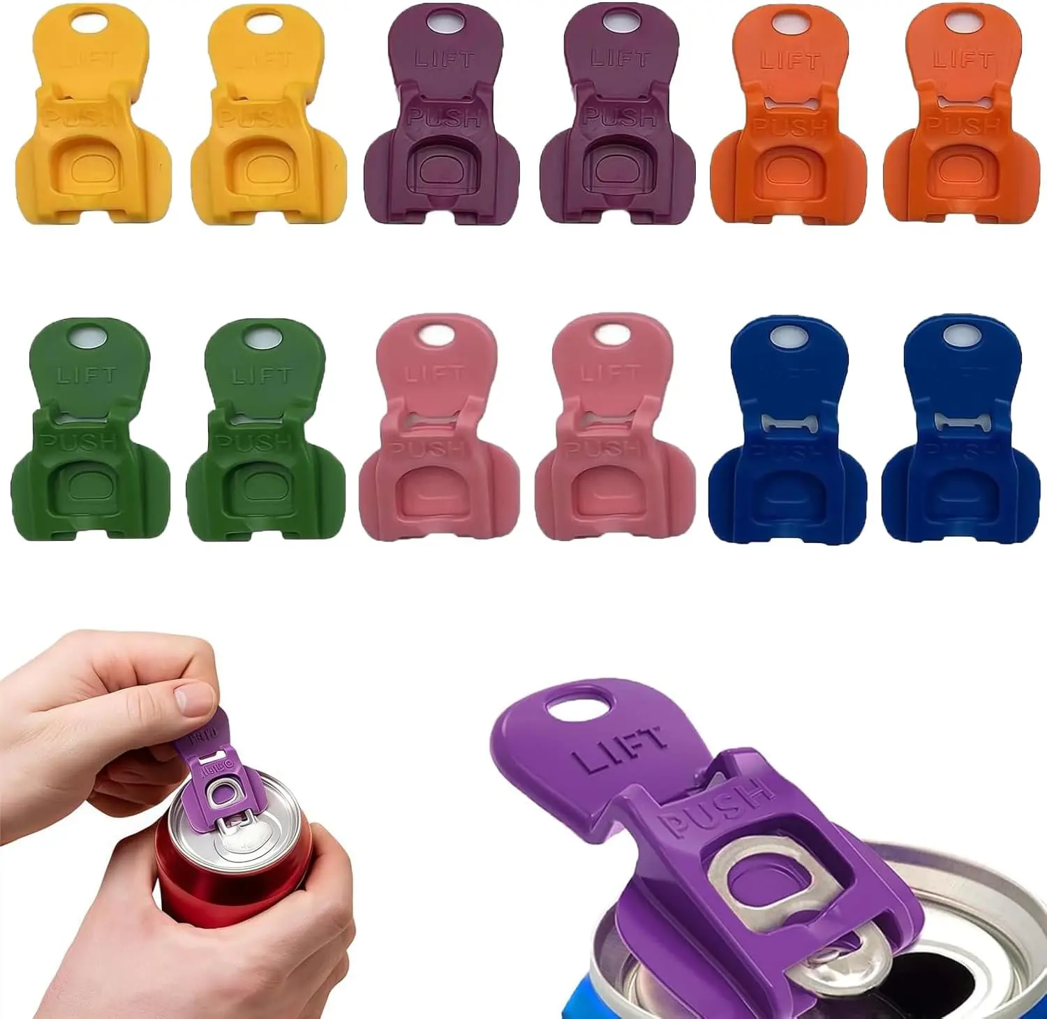 12Pack Soda Can Opener Set,Easy Tab Opener and Drink Protector with Reusable Complete-Cover Plastic Can Toppers,Fits Coke,Beer&Aluminum Beverage Cans,4Colors Lids for Party,BBQ,Camping,Colorful One-Hand Soda Can Opener