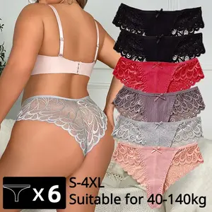 Charm Studio 6PCS Women Plus Size Panties Sexy Lace Thongs G-string Women Underwear Low-rise Female Briefs Ladies Underpants Sexy Tangas 4XL Womenswear Bridal Basic Minimalist Lingerie T50-14-6Pcs_Sky Blue