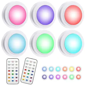 LED Puck Lights with Remote 6 Pack Color Changing RGBW Stick-On Light Battery Powered Dimmable Under Cabinet Lighting with Timer Memory Wireless Push Lights for Kitchen & Closet