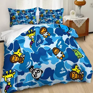 2/3Pcs Blues Camouflage, Cartoon Ape Patterns Decorative Duvet Cover Set, Street Camouflage Style Bedding Set, Bedroom Decoration, Soft Microfiber Material for Cozy Sleep, Including 1 or 2 Pillowcases - No Padding/Zipper Closure