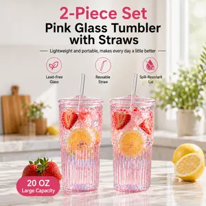2-Pack Pink Glass Tumblers with Lids & Straws – 20oz Cute Aesthetic Drinking Cups, Spill-Resistant, Perfect for Iced Coffee, Juice, Home & On-the-Go