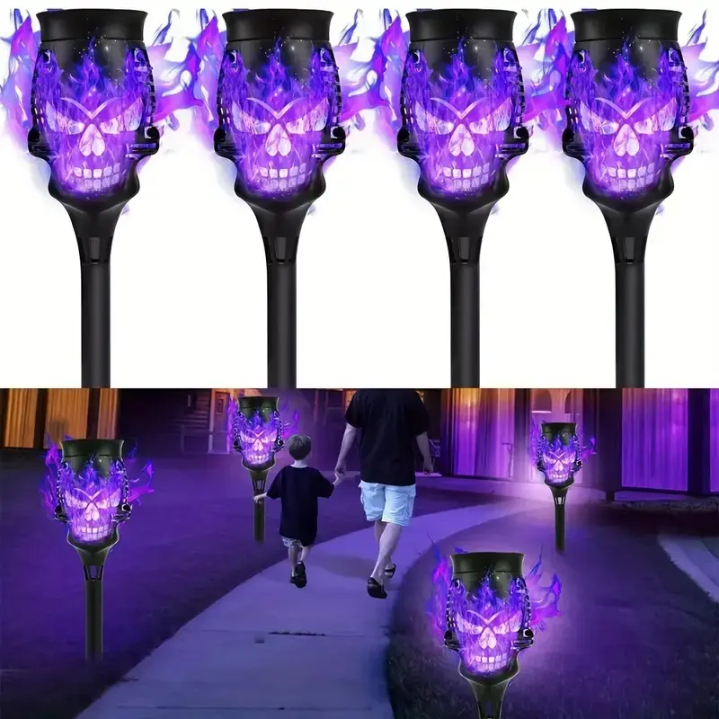 4-Pack Outdoor Solar Torch Lamps - Auto-Sensing Ground-Mounted Lights with Flickering Flames, Halloween Decorations & Festive Party Atmosphere Setters