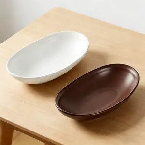 Matte Ceramic Oval Bowls Set of 2 (White & Brown) - 8-Inch Wide Porcelain Serving Bowls for Salad, Soup, Pasta, Snacks | Microwave & Dishwasher Safe