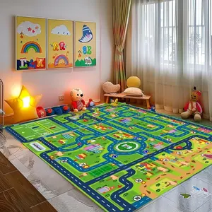 Kids Large City Road Map Flannel Area Rug - Green Town Street & Car Track Print Soft Mat for Playroom & Nursery, Non-Slip Educational Play Rug #LargeCityMapRug #GreenTownRoadMat #KidsPlayroomDecor #CarTrackCarpet #NonSlipFlannelRug