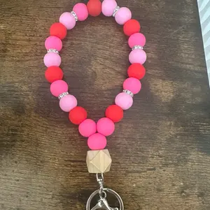 Valentine's Keychain Wristlet - Pink Beads, Keyring Attachment, Stylish Design