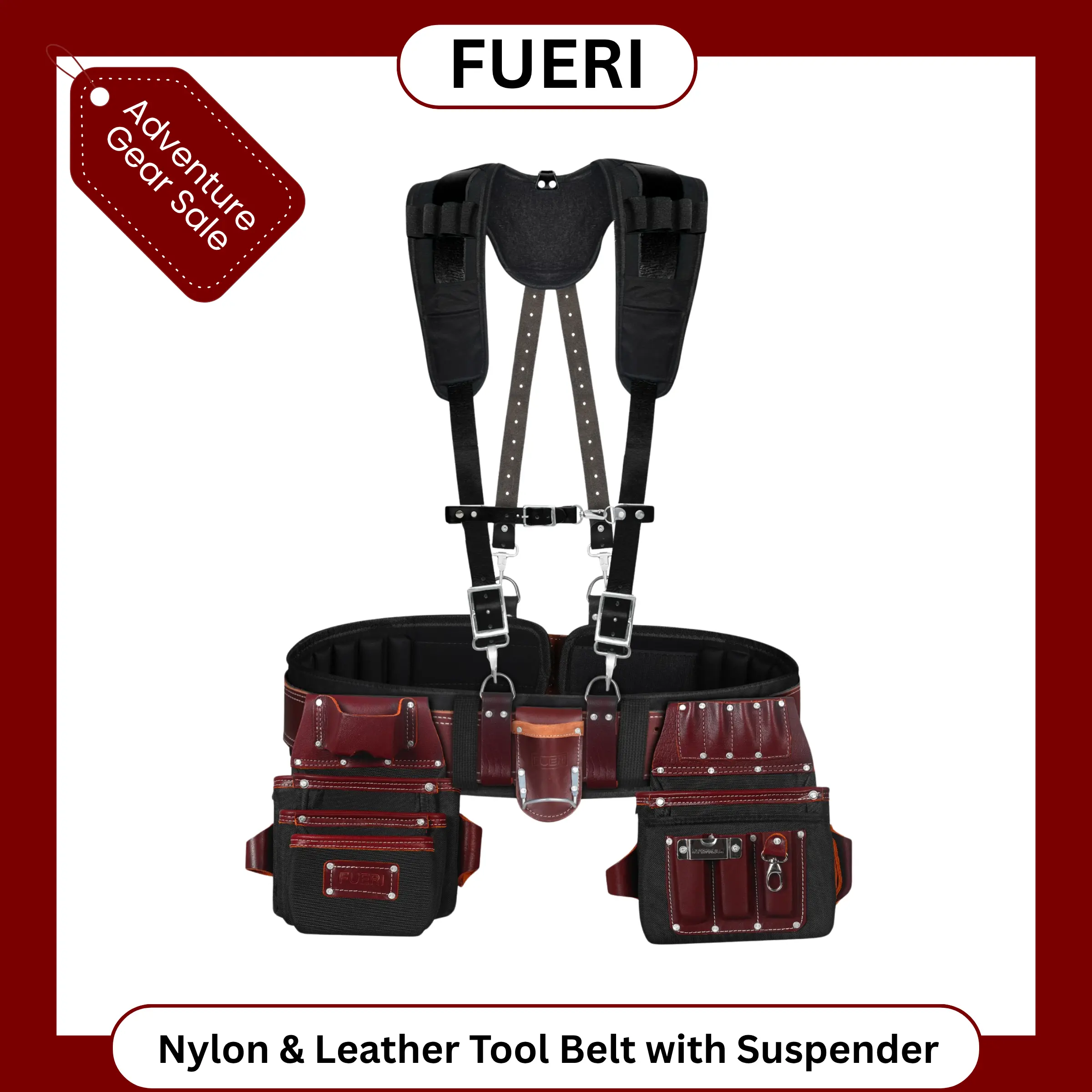 FUERI Tool Belt for Men with Suspender, Heavy Duty Nylon and Leather 26 Pockets Maroon and Black comes with Comfort Padded Belt,Spacious Pouches,Hammer Holder, Suspender Loops and Suspender for Carpenter Construction Electrician