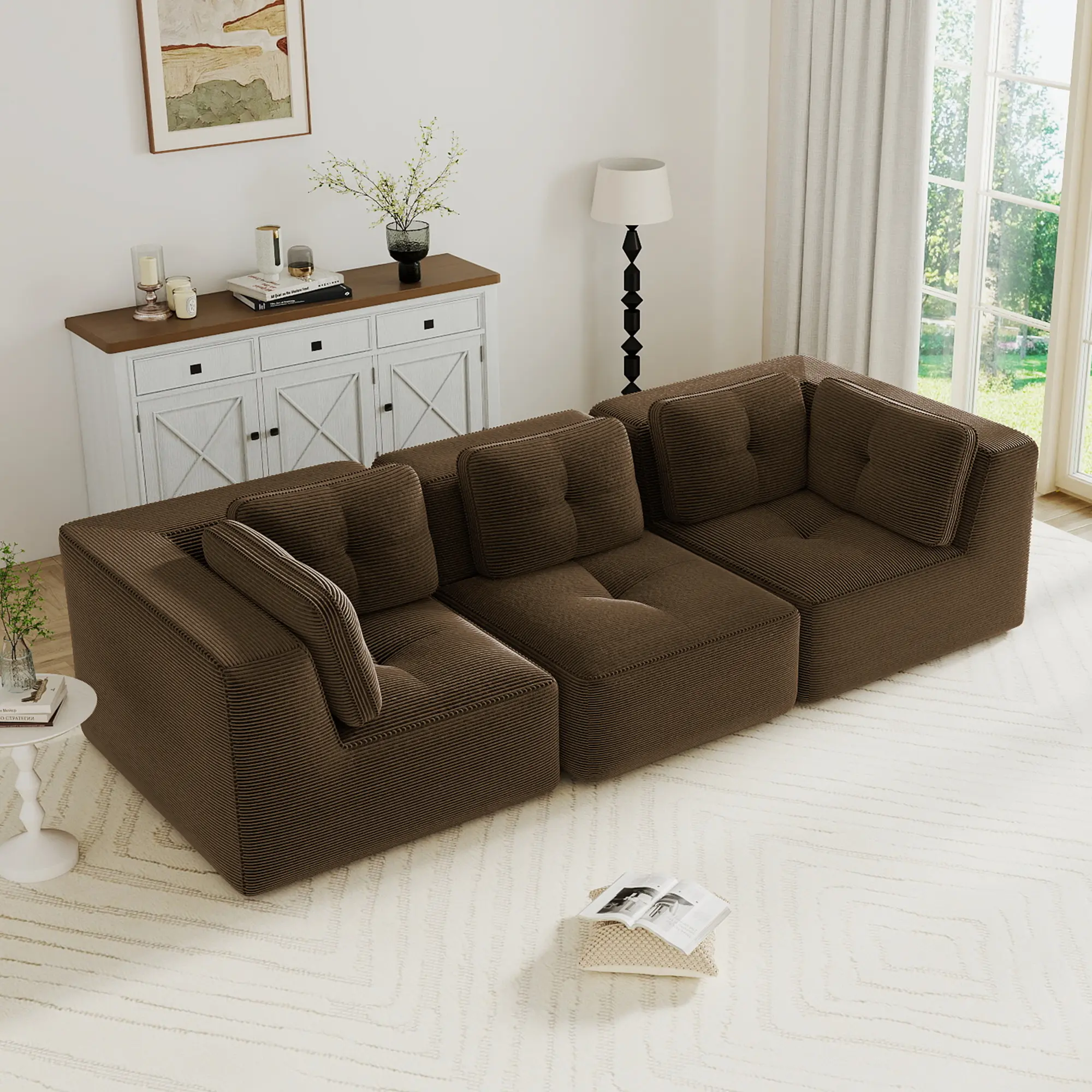 Eyisean 117" Corduroy Upholstered Modular U-Shaped Sectional Sofa - 3-Seater Tufted Oversized Couch with Boneless Comfort, Non-Slip Base, Deep Seat, Pearl Piping, Fixed Arms, Pre-Assembled Indoor Living Room Furniture, U Shaped Sofas, Upholstered Sectiona