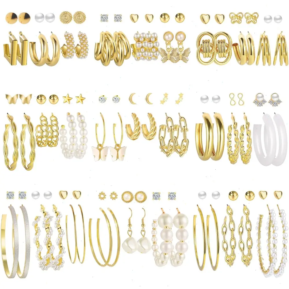 54 Pairs Gold Hoop Earrings Set for Women Multipack, Boho Fashion Statement Stud Hoop Earring Pack Butterfly Shaped Assorted Small Big Earrings for Jewelry summerwins