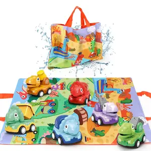 Dinosaur Design Inertia Car Toy, 6 Counts/set Friction Power Engineering Vehicle Toy with 2 in 1 Game Mat Storage Bag, Birthday Gift for Children