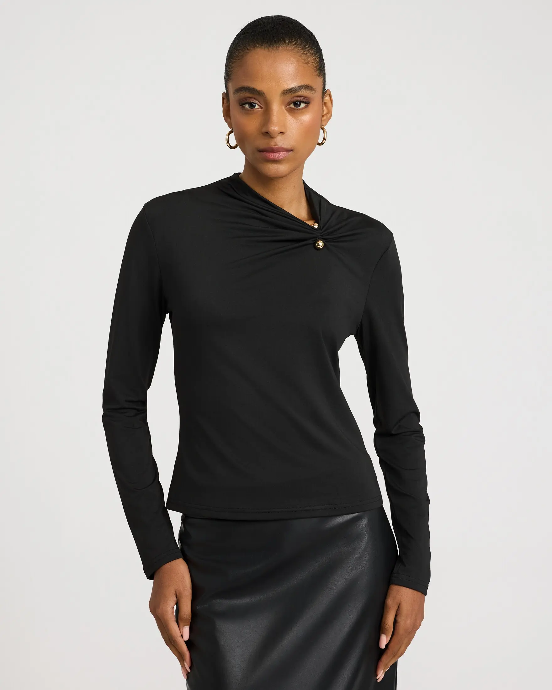 Express Mock Neck Novelty Hardware Ruched Long Sleeve Top