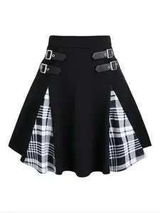 Women's Plaid Print Buckle Decor A Line Skirt, Elegant Fashion Casual Mini Skirt for Daily Outdoor Wear, Ladies Bottoms for All Seasons