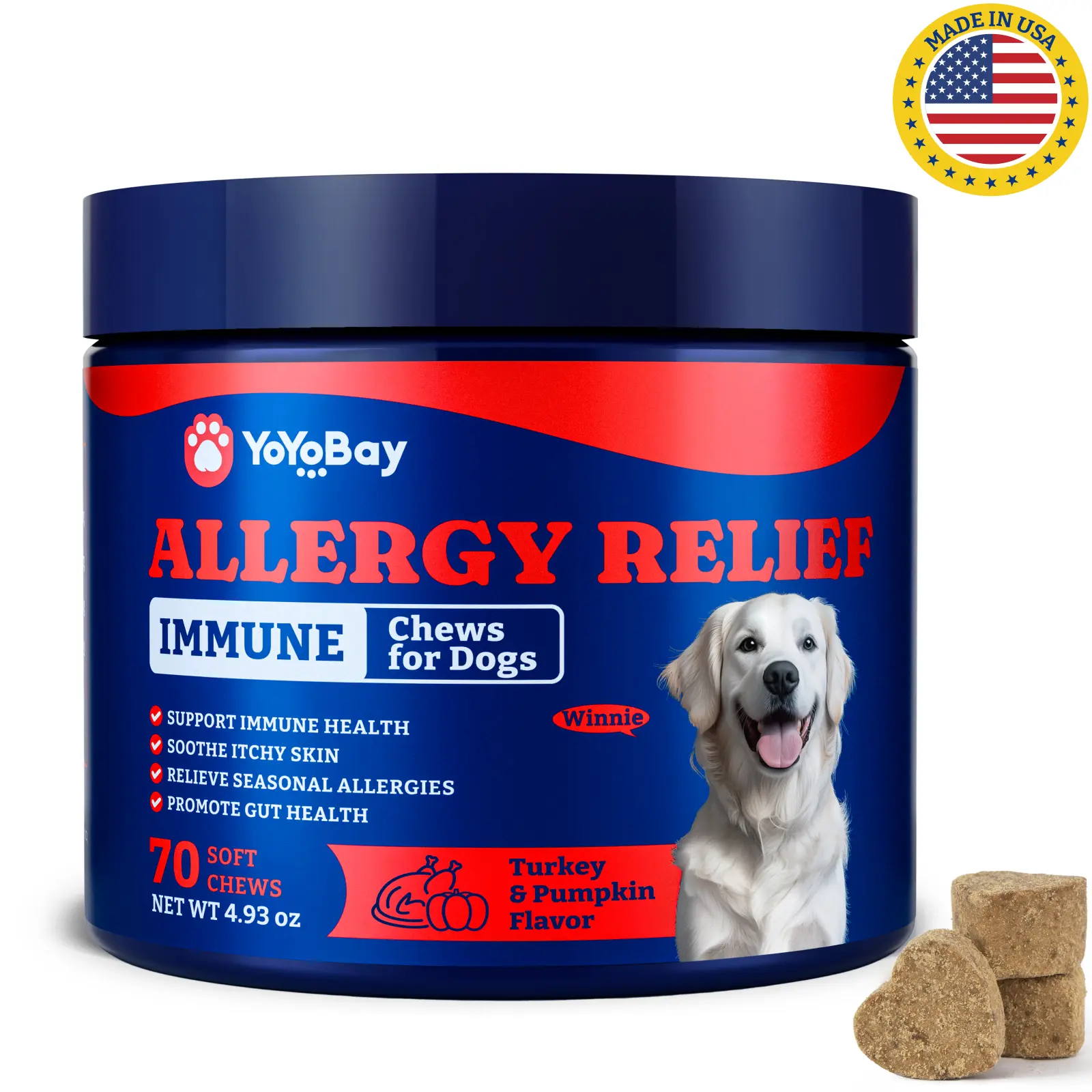Dog Allergy Relief Chews – 70 & 180 Soft Chews of YoYoBay, Turkey & Pumpkin Flavor - YoYoBay Immune Support & Itch Relief Supplement with Colostrum, Astragalus Root, 6-Strain Gut Health Blend, Soft Treats Natural