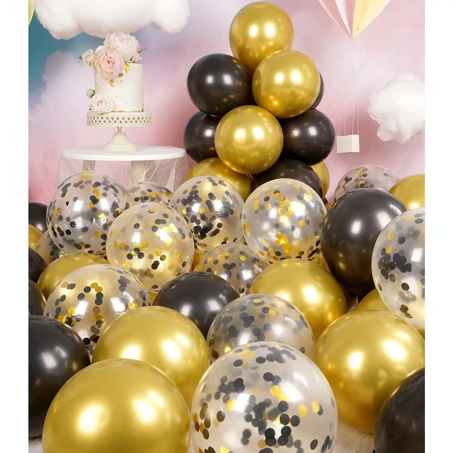 Metallic Shiny Black and  Balloons 12 Inch 68 count  Black Confetti Balloons Latex Helium Balloon Set for Graduation Anniversary Wedding Birthday  Decorations