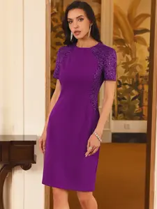 INSPIRE CHIC Women's Lace Sleeve Dresses Round Neck Bodycon Cocktail Knee Length Dress Dark Purple