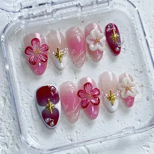 [Sakura Charm] Medium Almond Handmade Press on Nails, Fake Nails with Nail tool kit with Jelly Stickers, Reusable, Durable