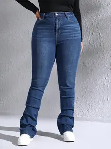 Vintage Washed Plus Size Flare Jeans, High Waist Slimming Layered Denim, Droop Folded Floor-Length Pants, Suitable for Casual Commute