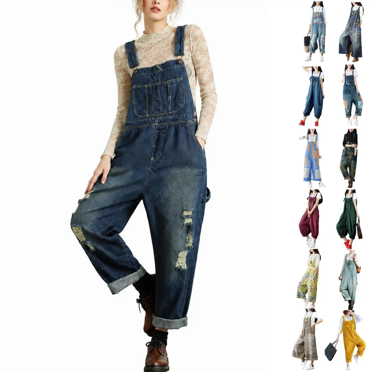 SCUSTY Women's Loose Baggy Wide‑Leg Denim Bib Overall Jumpsuit Vintage Distressed Adjustable Straps Boho Floral Patchwork Jeans Overalls