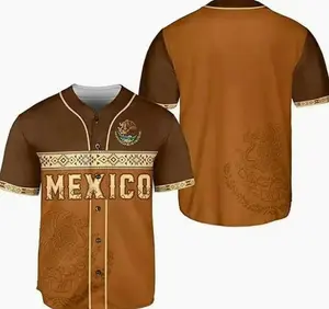 Mexico Baseball Jersey, Eagle Crest Aztec Pattern Shirt, Mexican Heritage Streetwear, Vintage Style Button Up Shirt, Cultural Pride Outfit, Brown Classic Jersey, Unisex Casual Fashion, Latin Style Apparel