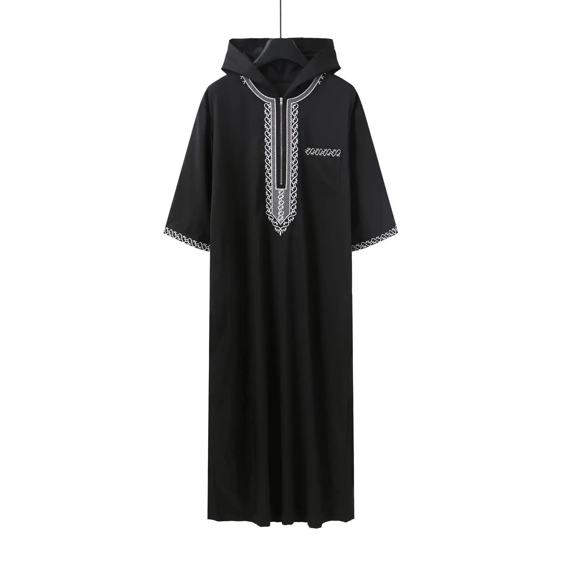 Men's Embroidered Hooded Thobe Loose Fit Islamic National Style Zipper Robe Casual Cultural Wear, Piece, MustHaveBasics, RelaxedFit, Breathable, TrendyLook, ModernStyle, CasualStyle day to night versatile elegant