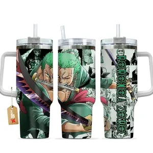 Roronoa Zoro Tumbler 40oz With Handle Stainless Steel Tumbler, Pirate Hunter Three Sword Style Anime Gaming Cup, Iced Coffee Travel Mug, Gift for Otaku, Anime & Gaming Fans