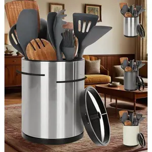 Extra Large Stainless Steel Utensil Organizer - 360 °   Rotating Countertop Caddy with Removable Base, 3 Compartment Flatware Holder for Kitchen, Durable Cooking Tool Storage, Space-Saving Silvery Design