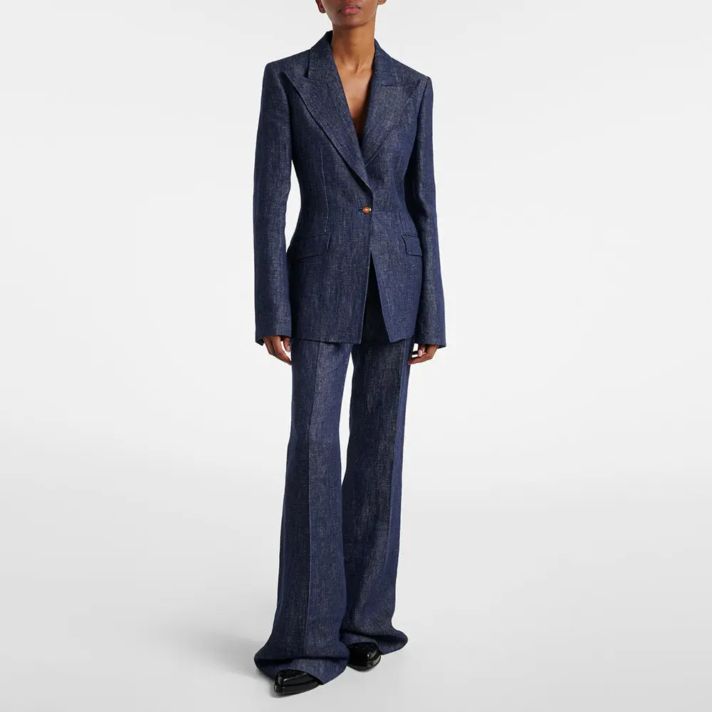 Textured Single Button Peak Lapel Blazer & High Waist Flared Floor-Length Pants Two-Piece Suit Set