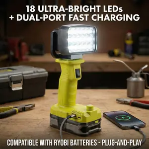 Adjustable Brightness Work Light 18 LED Outdoor Lighting, Compatible with Ryobi Battery, USB-C Fast Charging, Ideal for Outdoor Use
