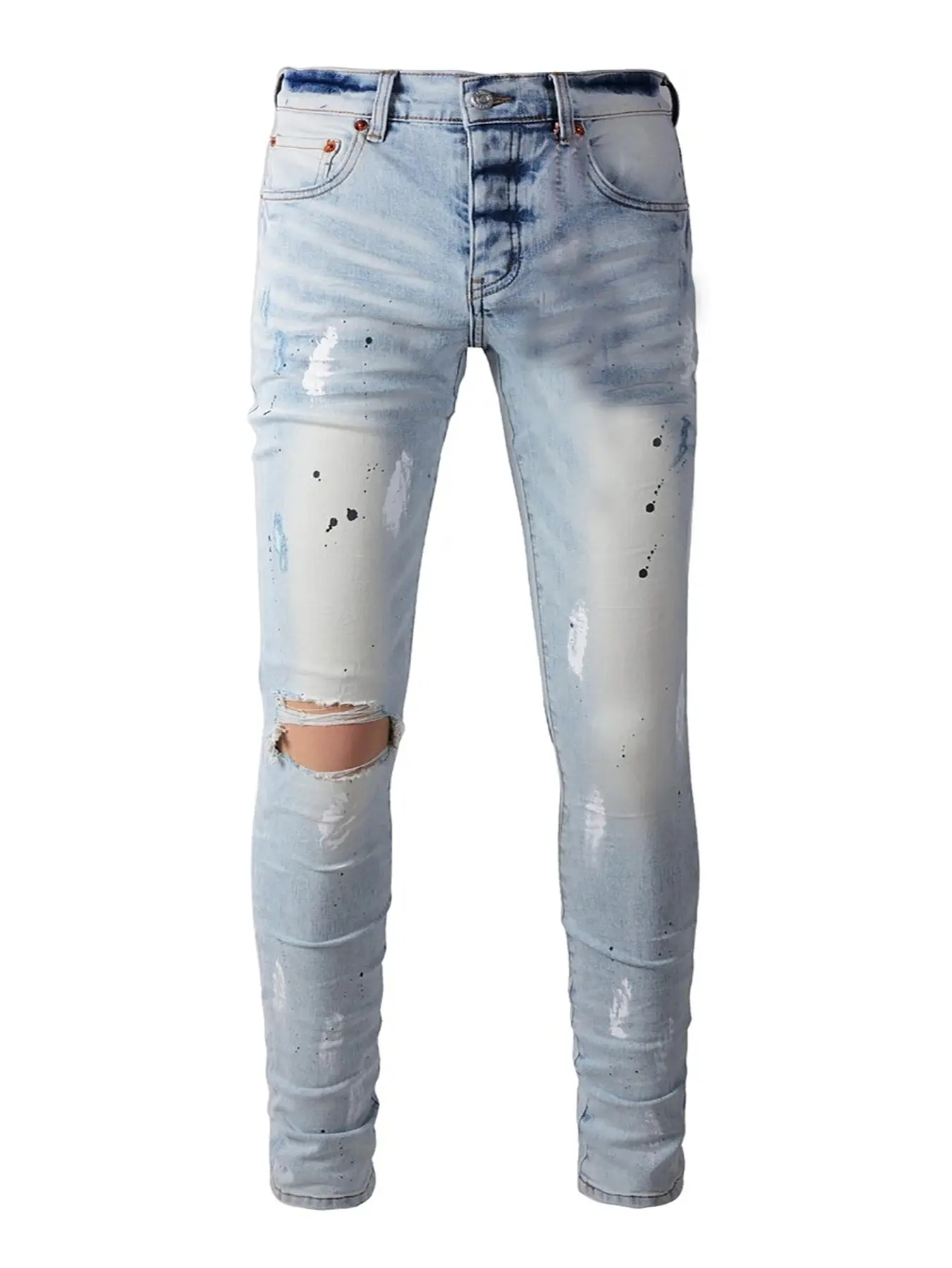 H310 Men Streetwear Paint‑Splatter Knee‑Ripped Whiskered Skinny Jeans