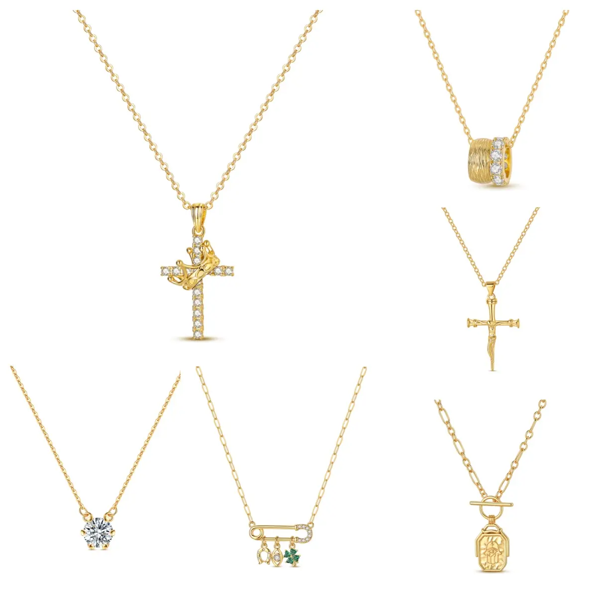 MULA 14K gold-plated 925 sterling silver necklace, hypoallergenic, exquisite stackable jewelry, cute four-leaf brooch, vintage Hamsa's hand, sparkling cubic zirconia crown cross necklace, the perfect gift for girls and women.